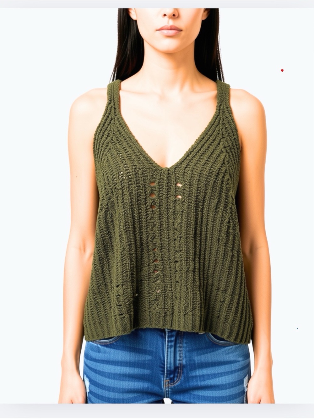 NWT! Lovestitch Boho Chic Sleeveless Olive Knit V-Neck Tank Top